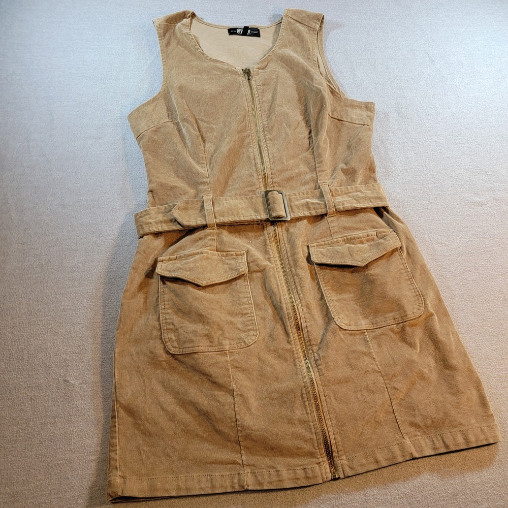 Rewash Corduroy Dress Womens L Tan Excellent Zip Front Belted Mini Jumper 761
